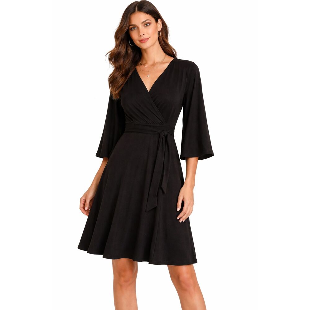 Chicos‎ Black Faux Wrap Midi Dress Long Sleeve Stretch Elegant Size 2 Large 12